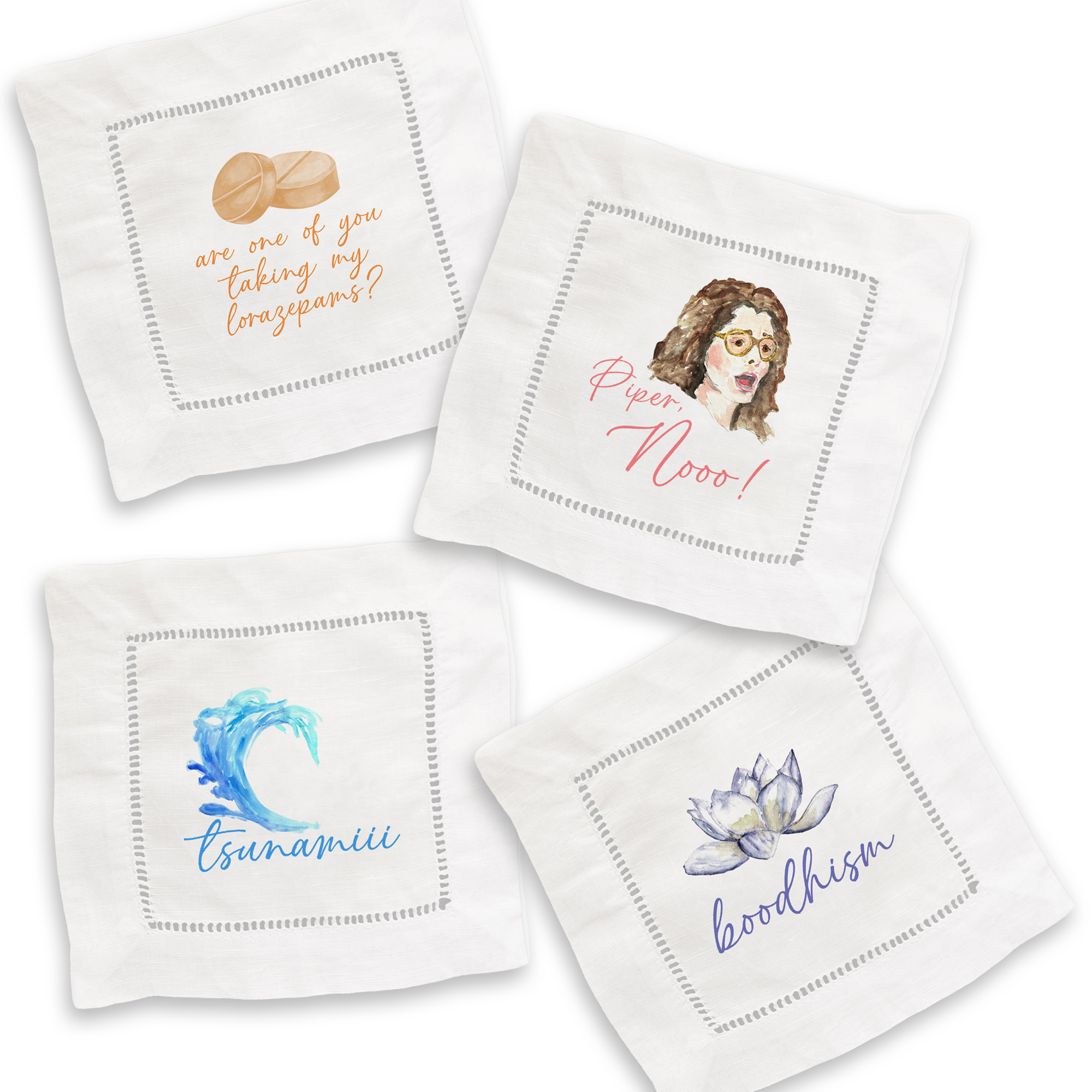 French Graffiti - White Lotus Mixed Linen Cocktail Napkin Set