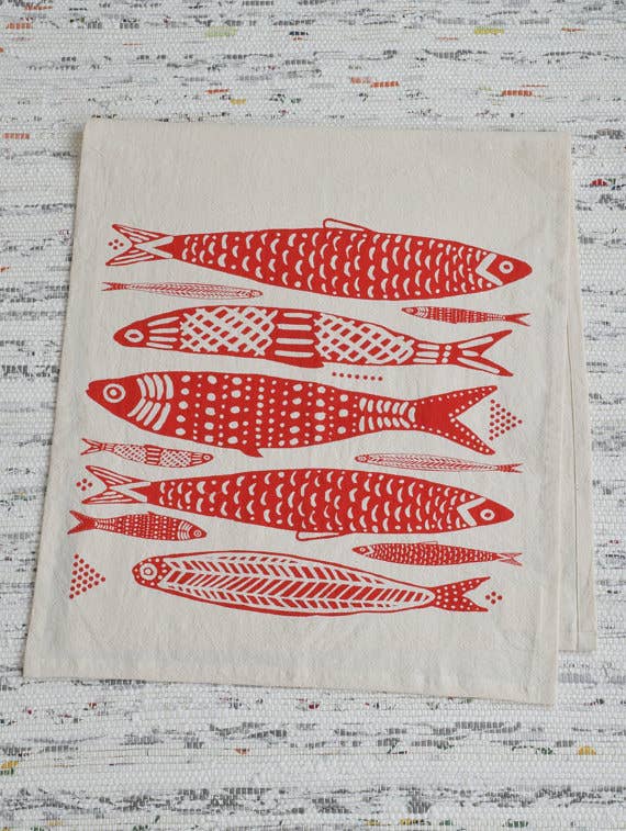 Sardines/Fish Bar Towel in Red - Organic Cotton