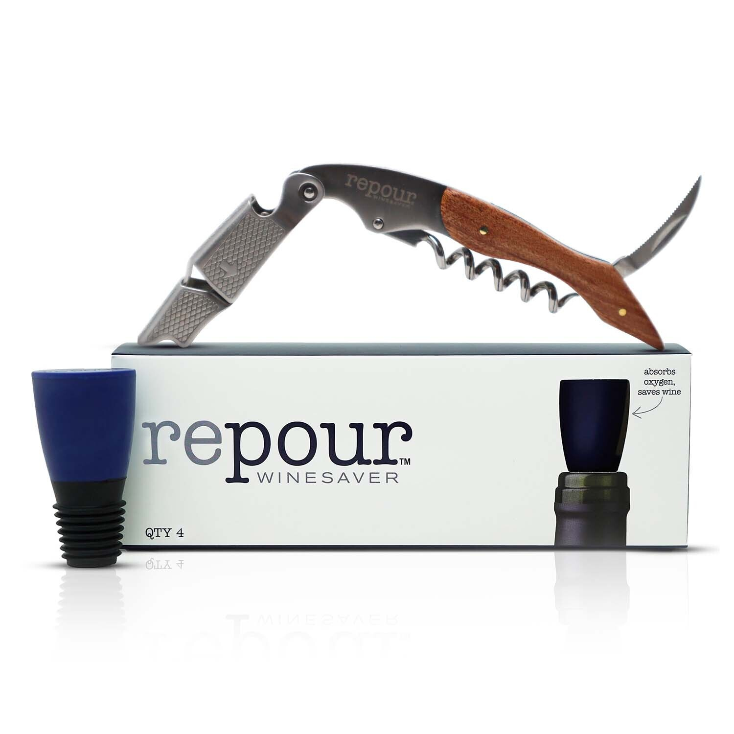Repour - Wine Essentials Combo Pack – Premium Corkscrew & Stopper 4-pack