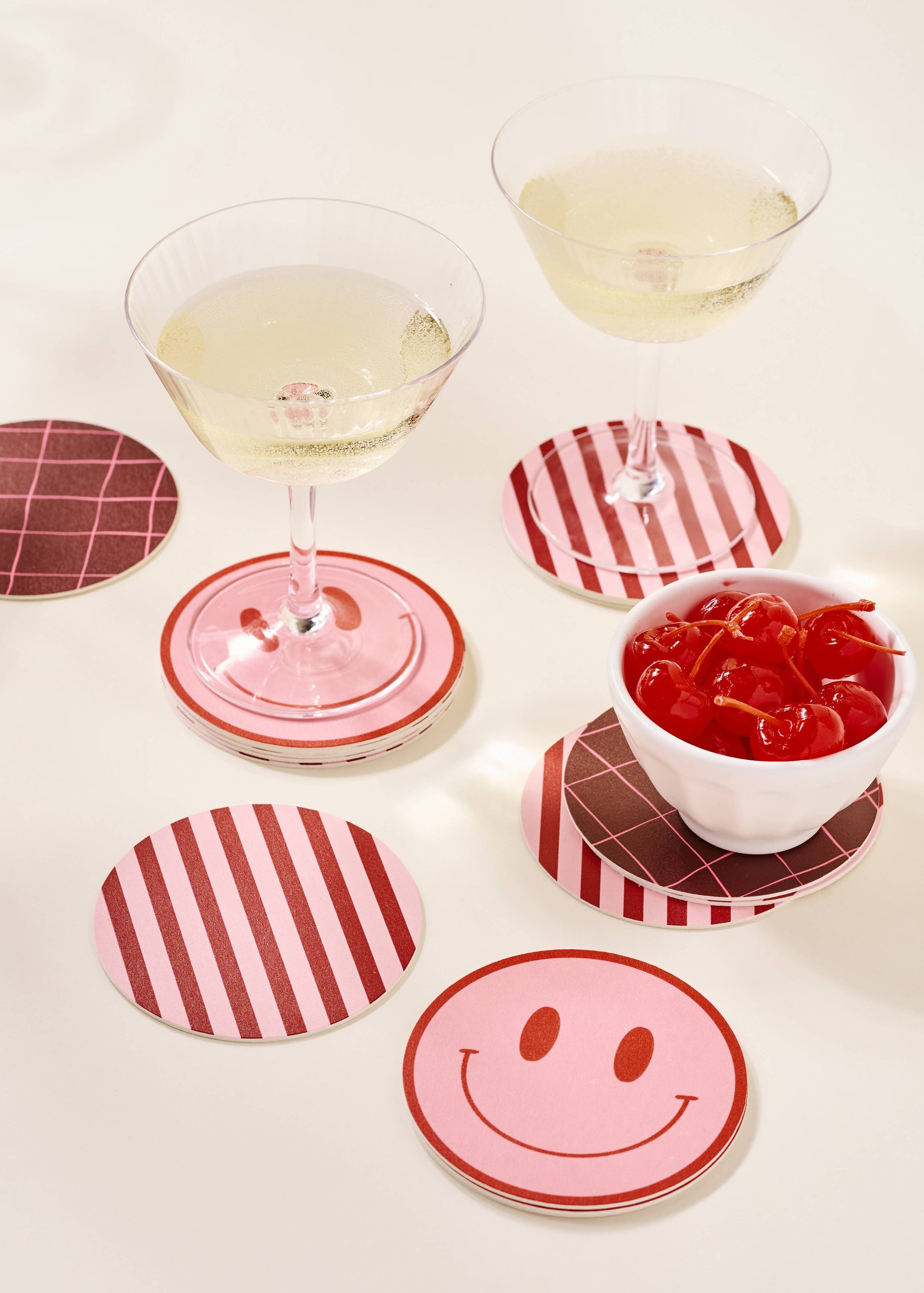 Pink and Maroon Striped Chipboard Coaster Set of 4