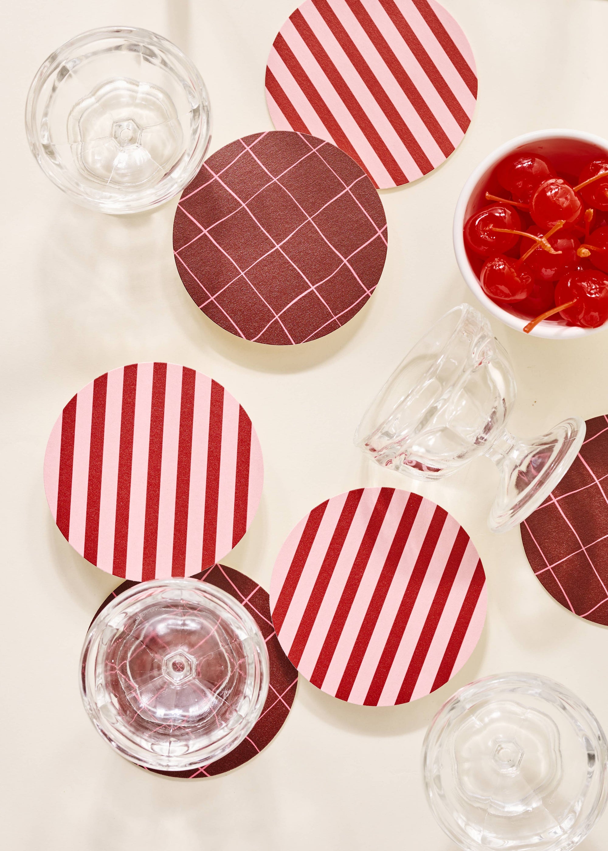 Pink and Maroon Striped Chipboard Coaster Set of 4