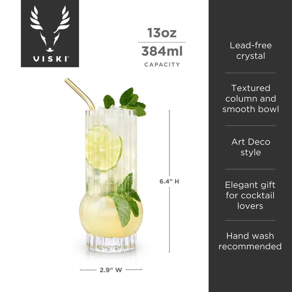 Art Deco Crystal Highball Glass - 1 glass