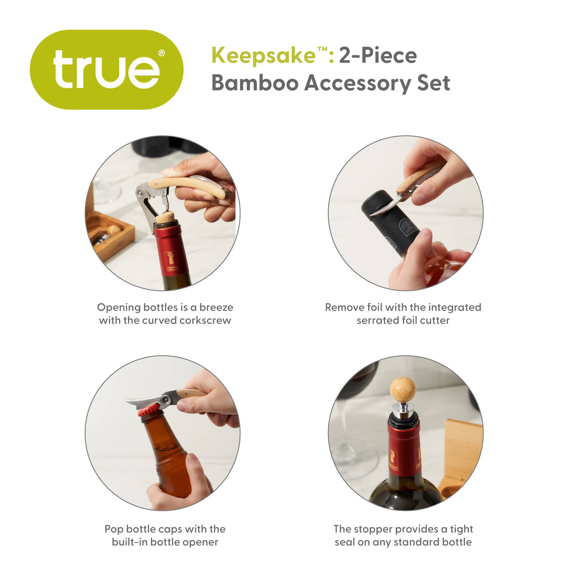 TRUE - Keepsake Bamboo Wine Accessory Set w/ Storage Box - Set of