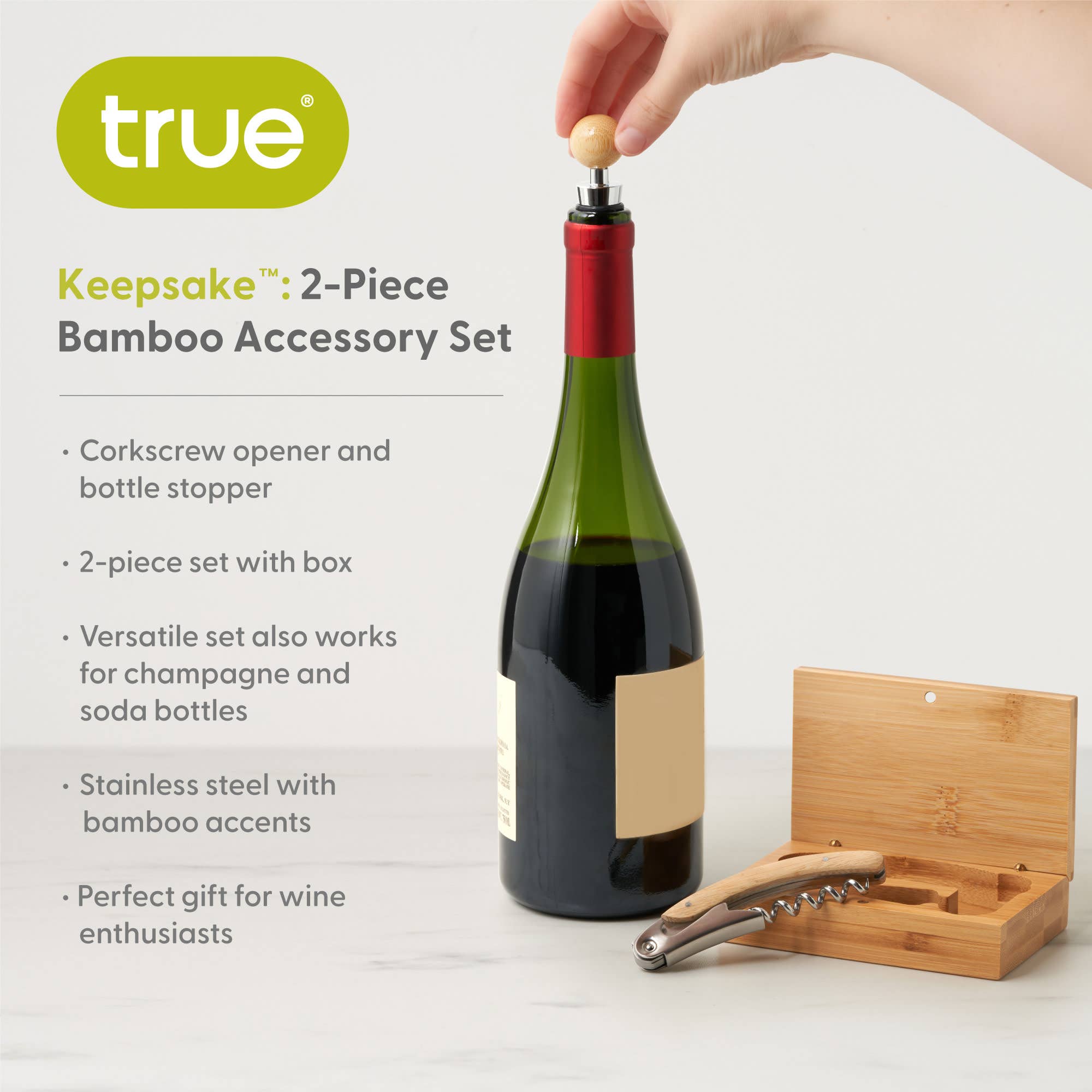 TRUE - Keepsake Bamboo Wine Accessory Set w/ Storage Box - Set of