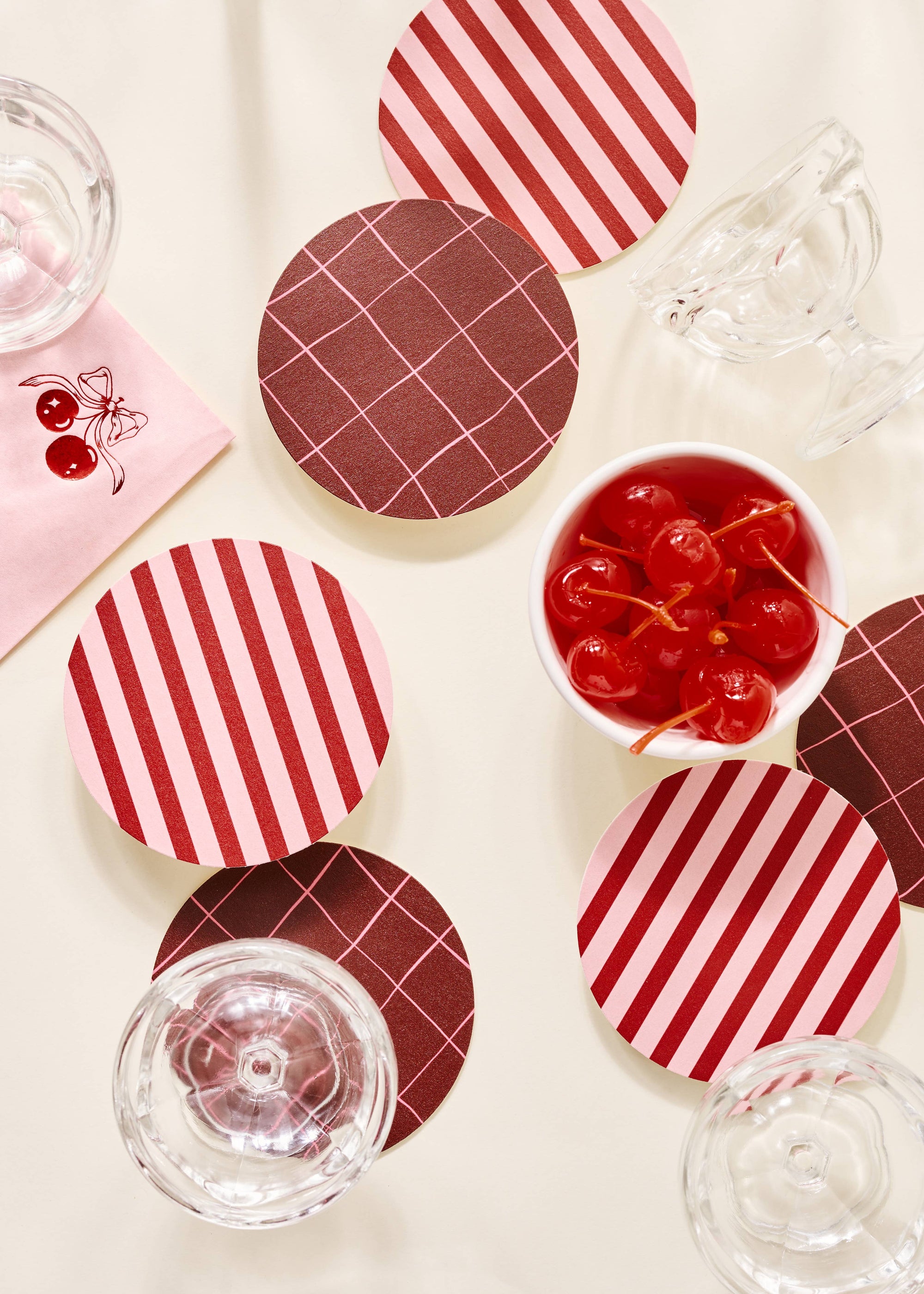 Pink and Maroon Striped Chipboard Coaster Set of 4