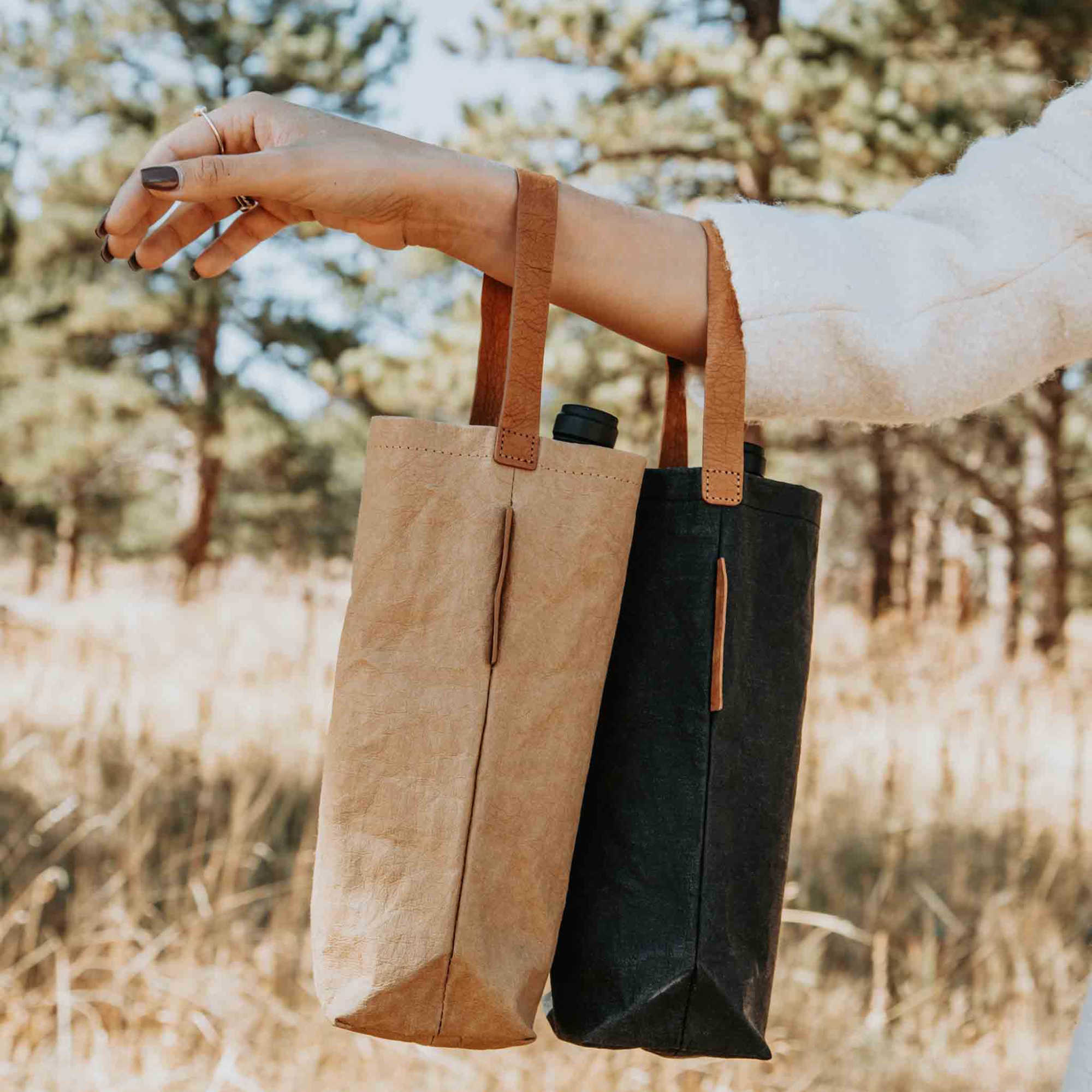 Out of the Woods® - Connoisseur Wine Tote, Reusable Vegan Leather Bag: Ebony
