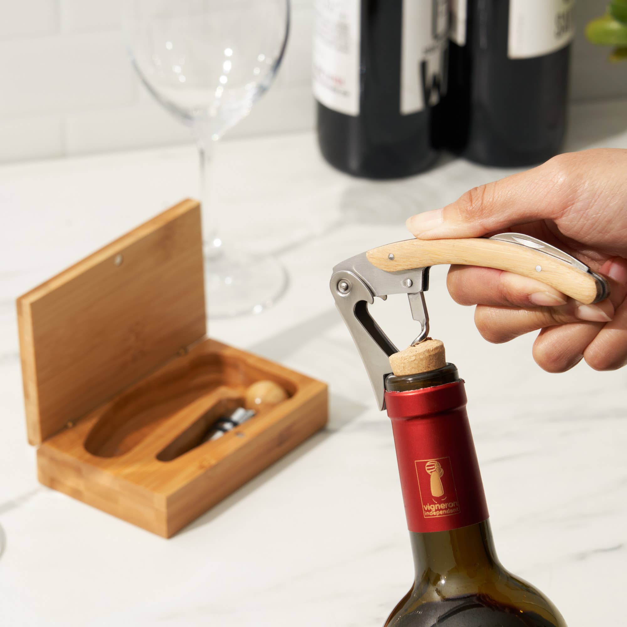 TRUE - Keepsake Bamboo Wine Accessory Set w/ Storage Box - Set of