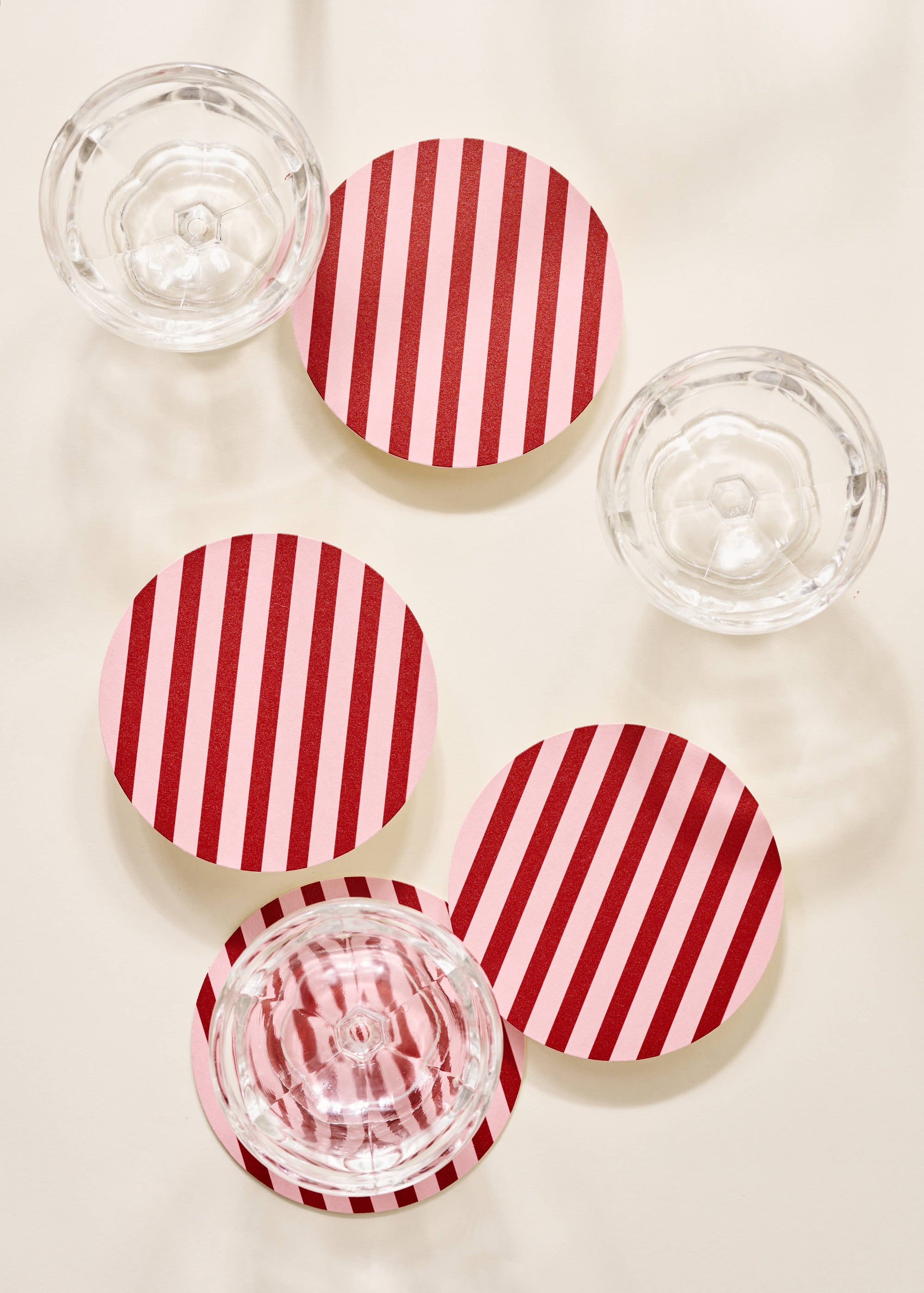 Pink and Maroon Striped Chipboard Coaster Set of 4